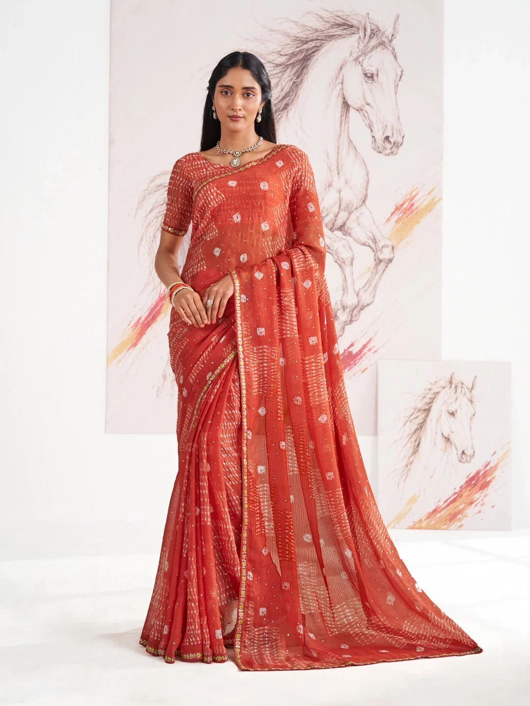 Laxmipati Murli Orange Chiffon Geometric Printed Saree