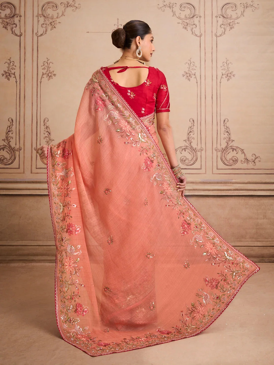 Laxmipati Mehfil Peach Chiffon Embroidered Saree