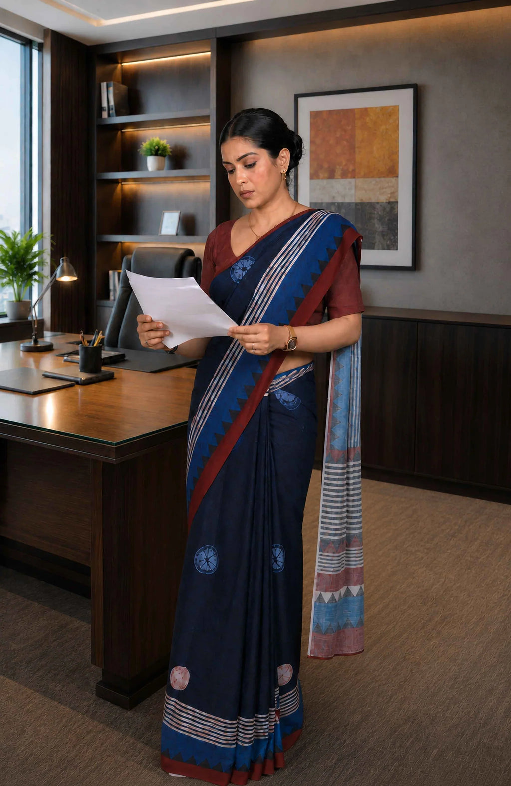 Laxmipati Power Pleats Blue Cotton Blend Geometric Printed Saree