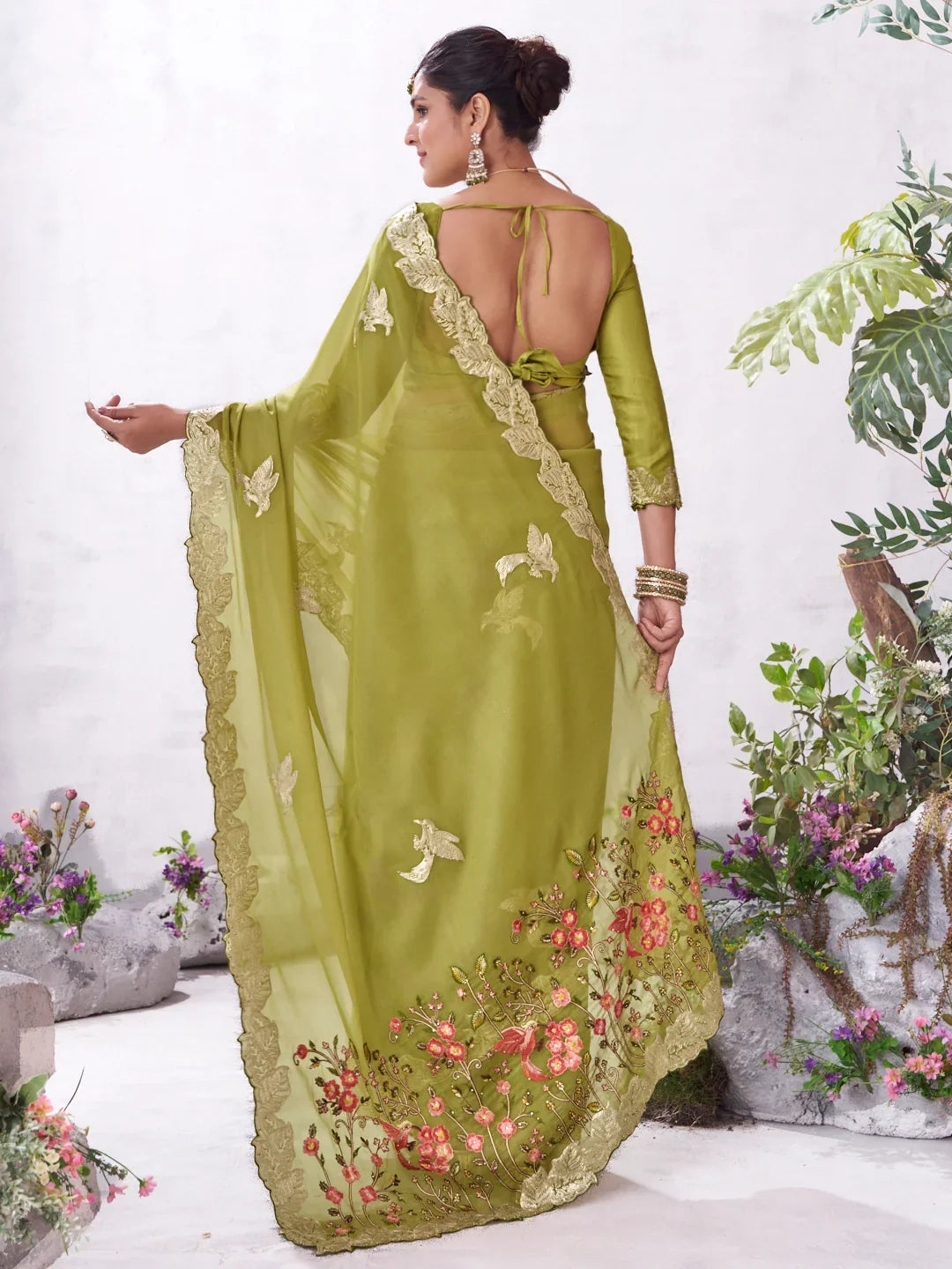 Laxmipati Malini Olive Green Tissue Organza Embroidered Saree