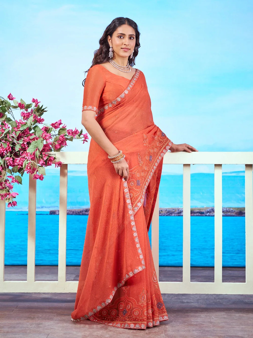 Laxmipati Navya Orange Chiffon Embroidered Saree