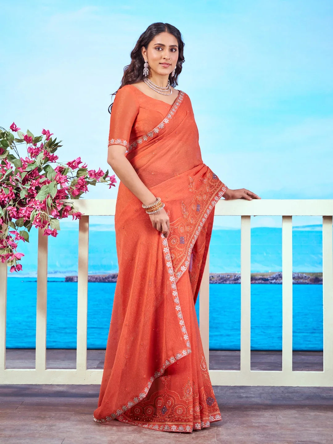 Laxmipati Navya Orange Chiffon Embroidered Saree