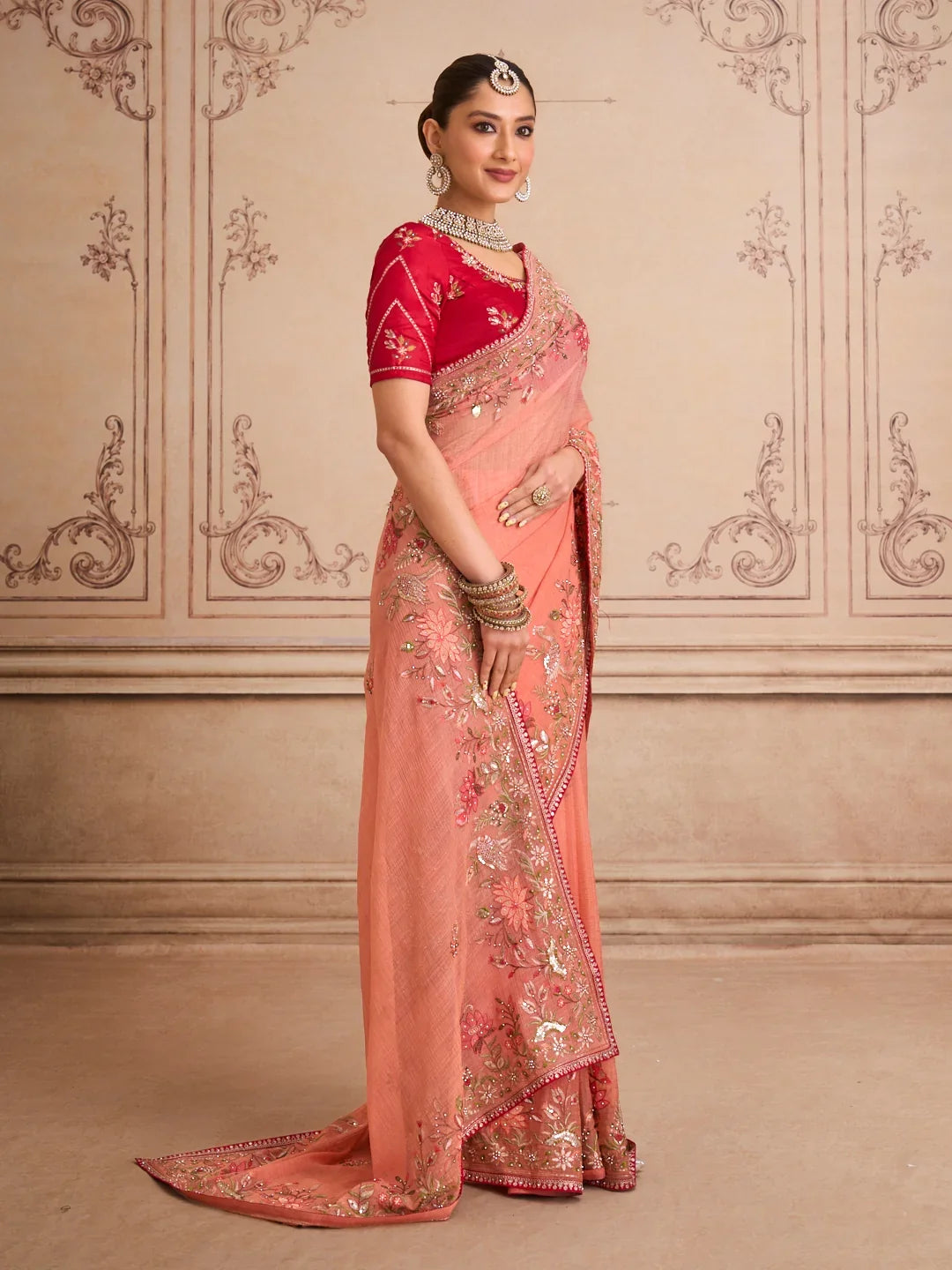 Laxmipati Mehfil Peach Chiffon Embroidered Saree
