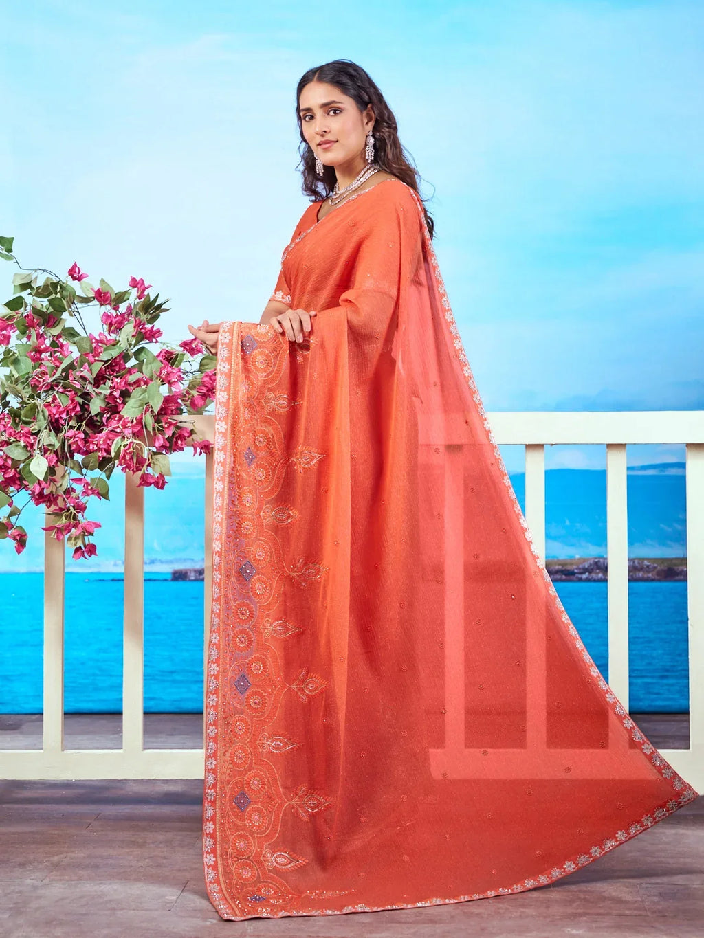 Laxmipati Navya Orange Chiffon Embroidered Saree