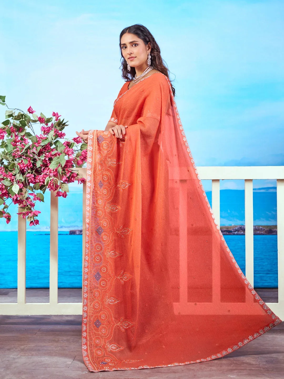 Laxmipati Navya Orange Chiffon Embroidered Saree