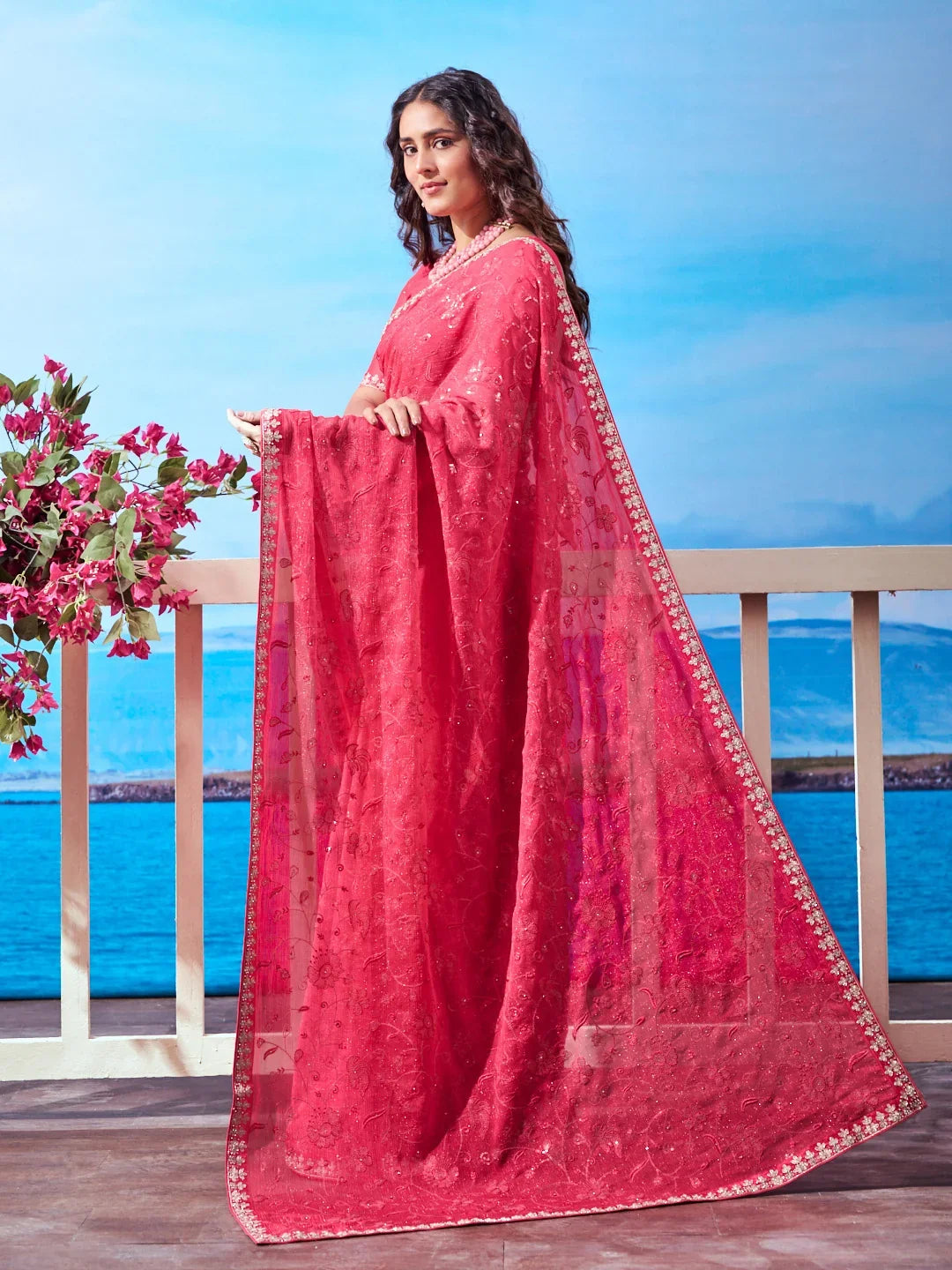 Laxmipati Navya Red Chiffon Embroidered Saree
