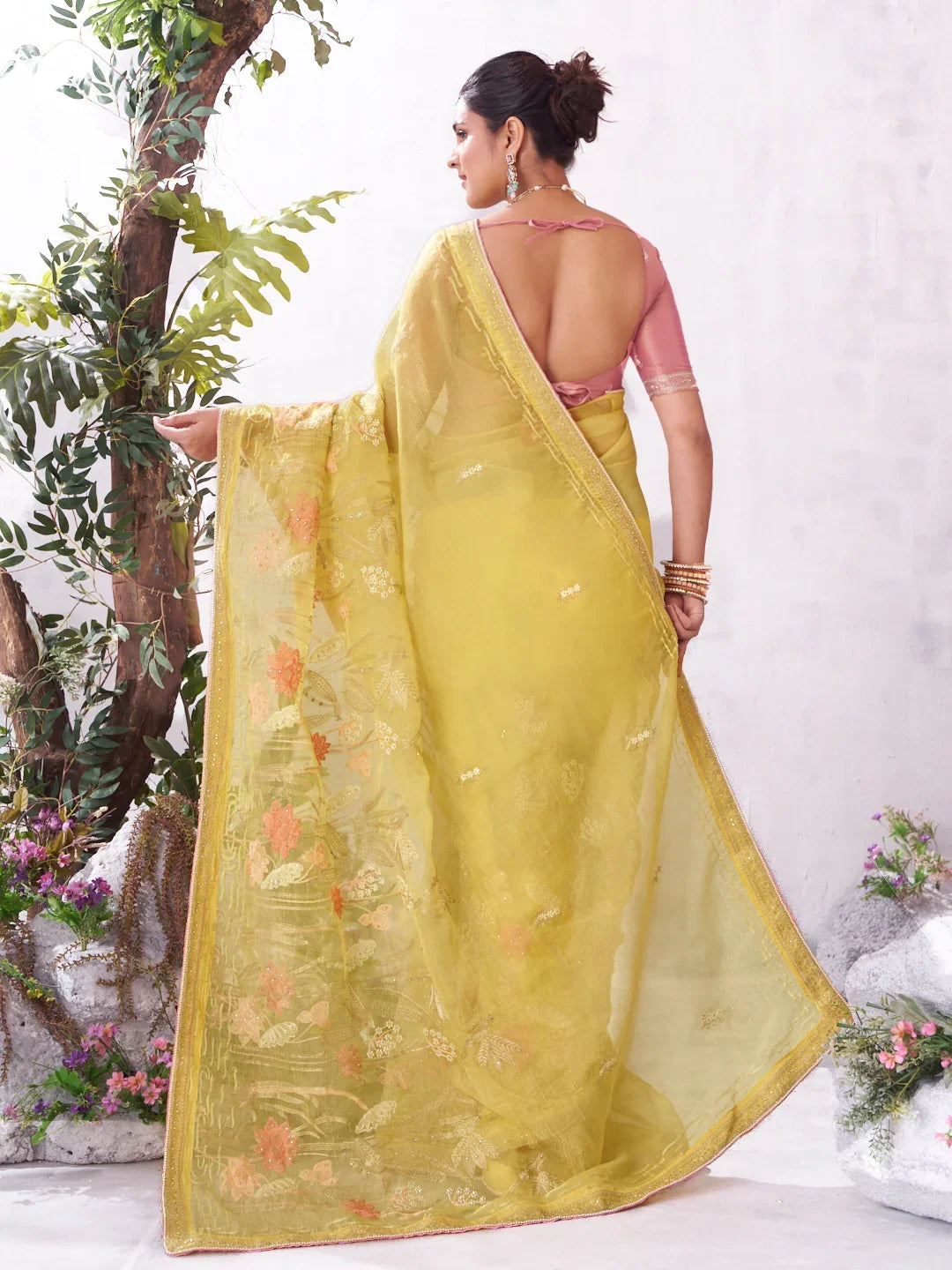 Laxmipati Malini Yellow Chiffon Embroidered Saree