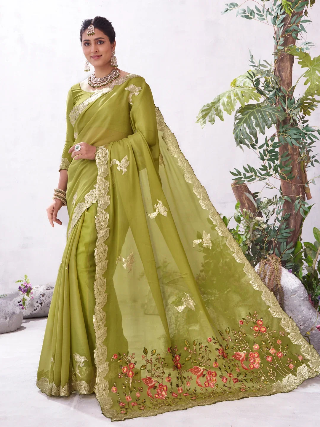 Laxmipati Malini Olive Green Tissue Organza Embroidered Saree