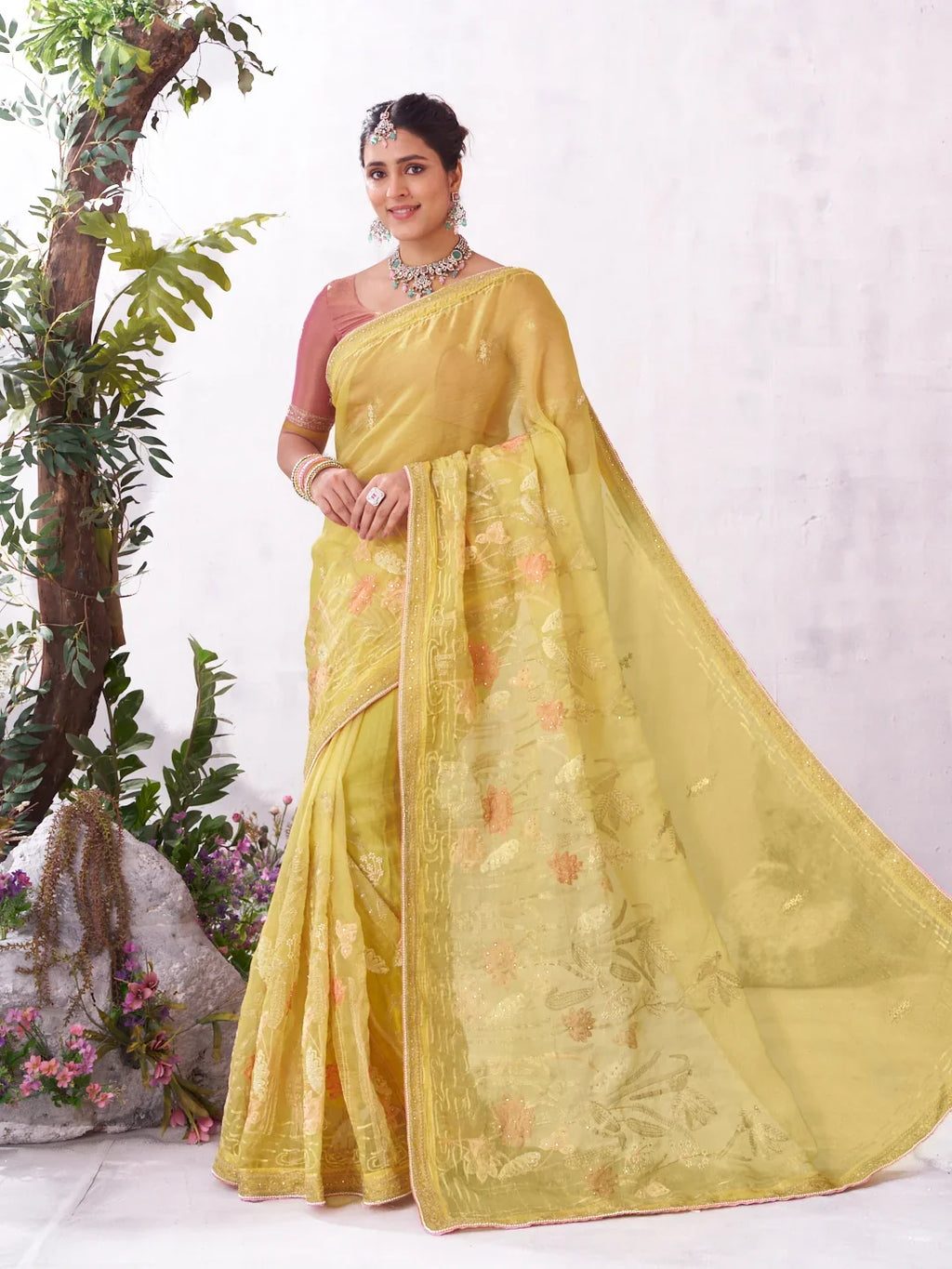Laxmipati Malini Yellow Chiffon Embroidered Saree