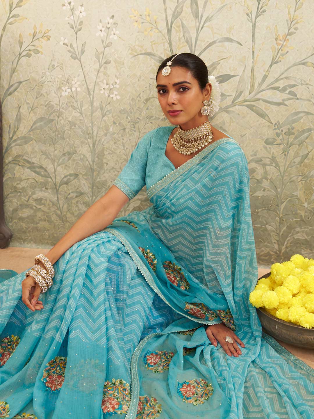Laxmipati Deewangi Blue Chiffon Embroidered Saree