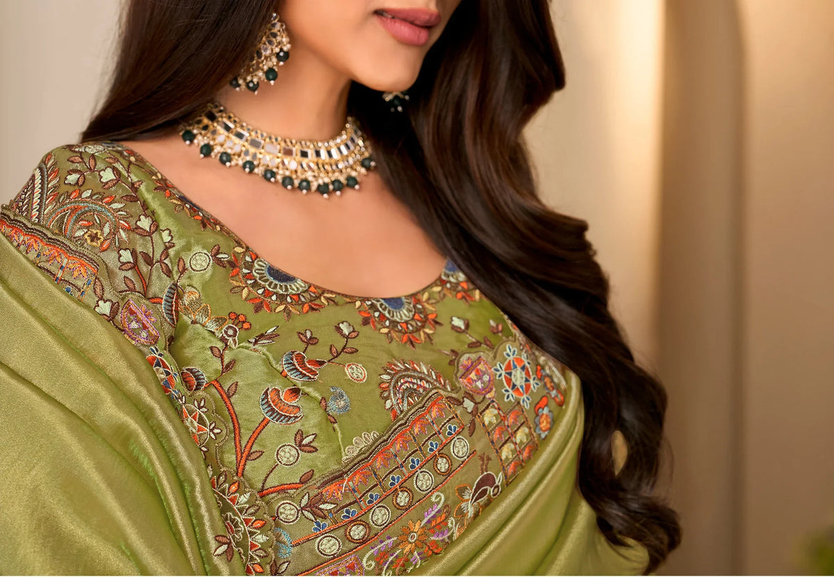 Laxmipati Jharokha Green Silk Blend Embroidered Saree