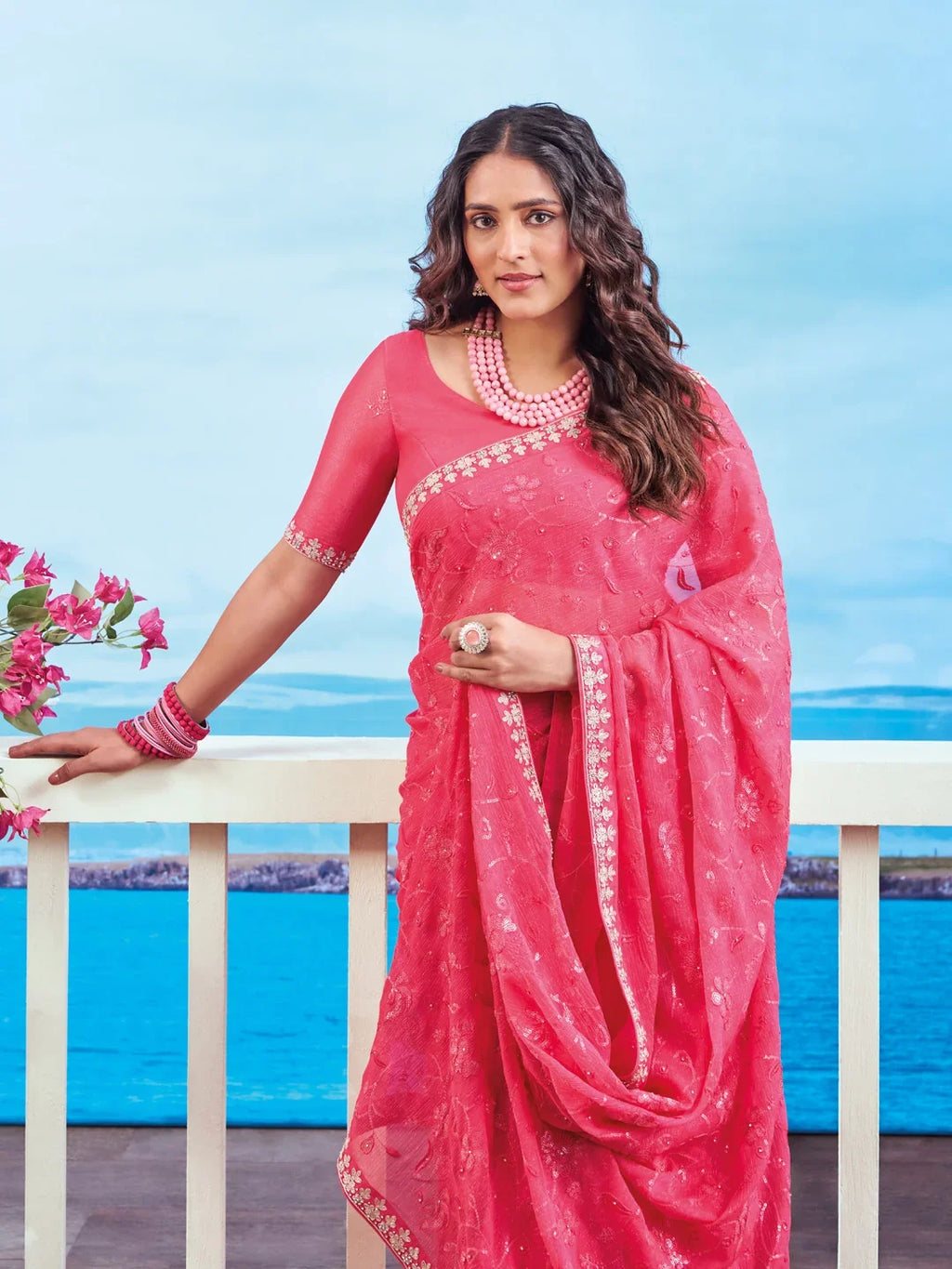 Laxmipati Navya Red Chiffon Embroidered Saree