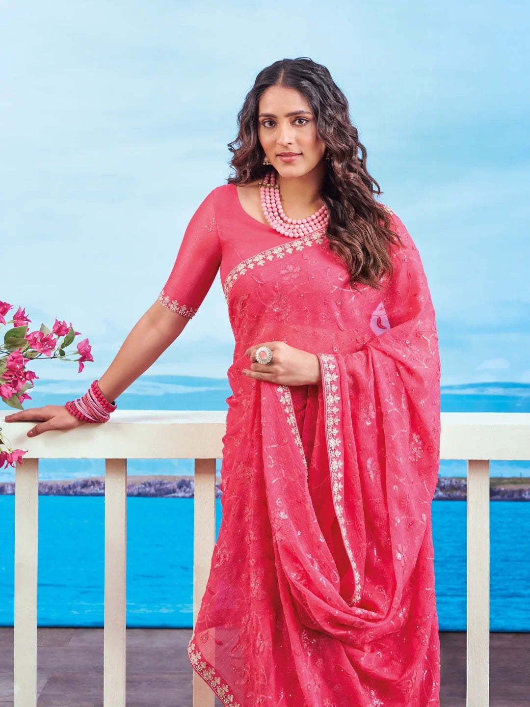 Laxmipati Navya Red Chiffon Embroidered Saree