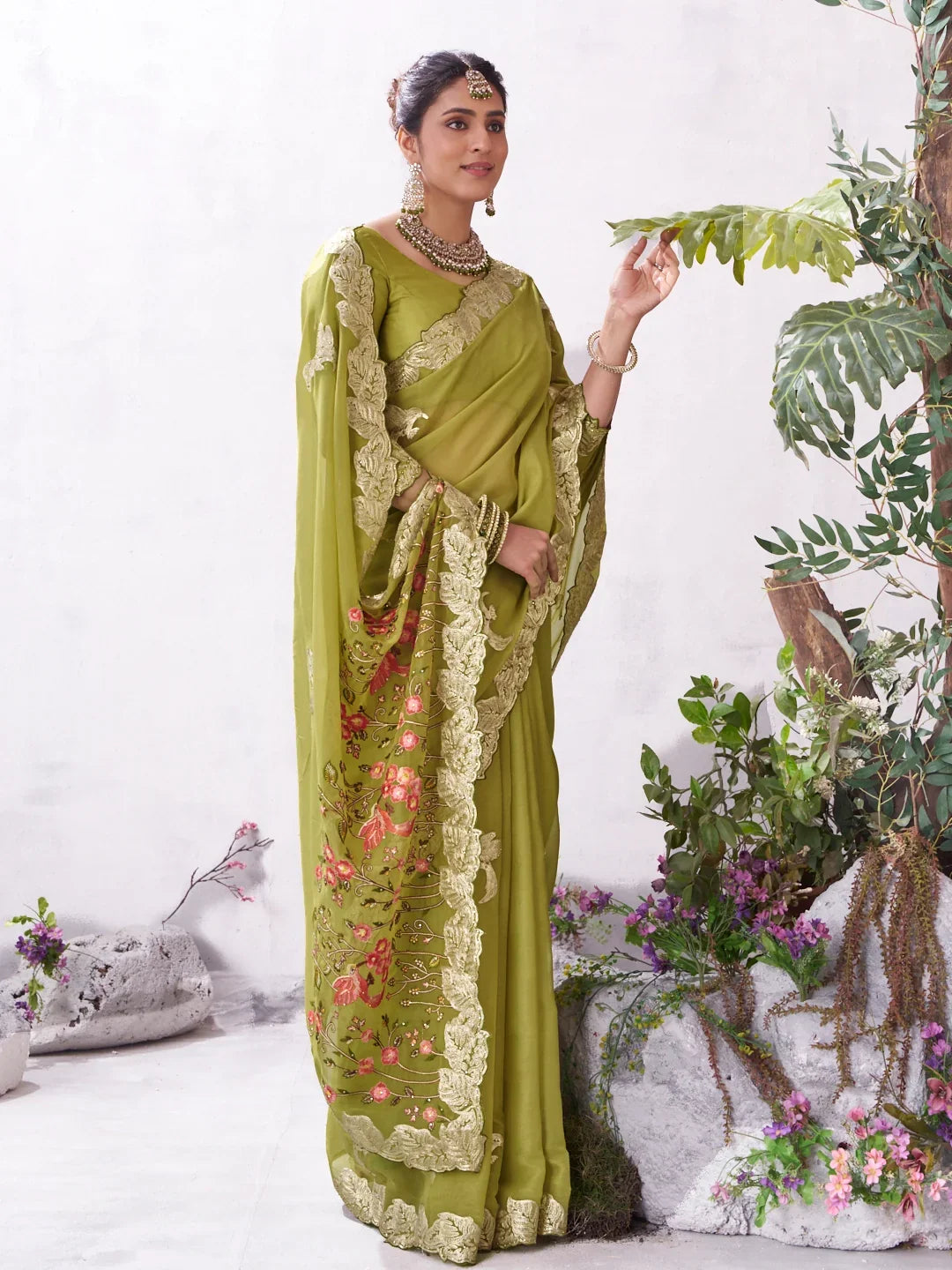 Laxmipati Malini Olive Green Tissue Organza Embroidered Saree