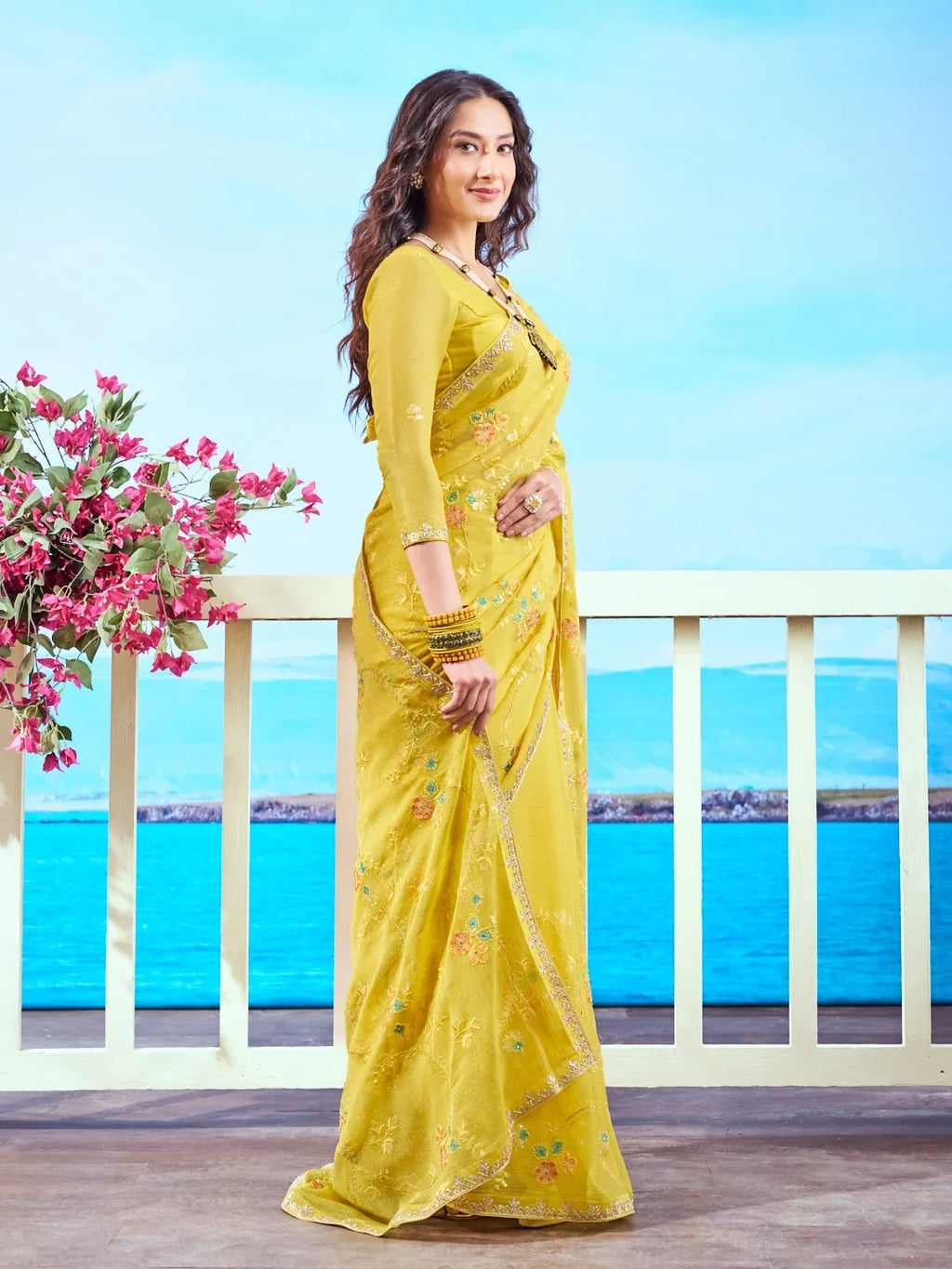 Laxmipati Navya Yellow Chiffon Embroidered Saree