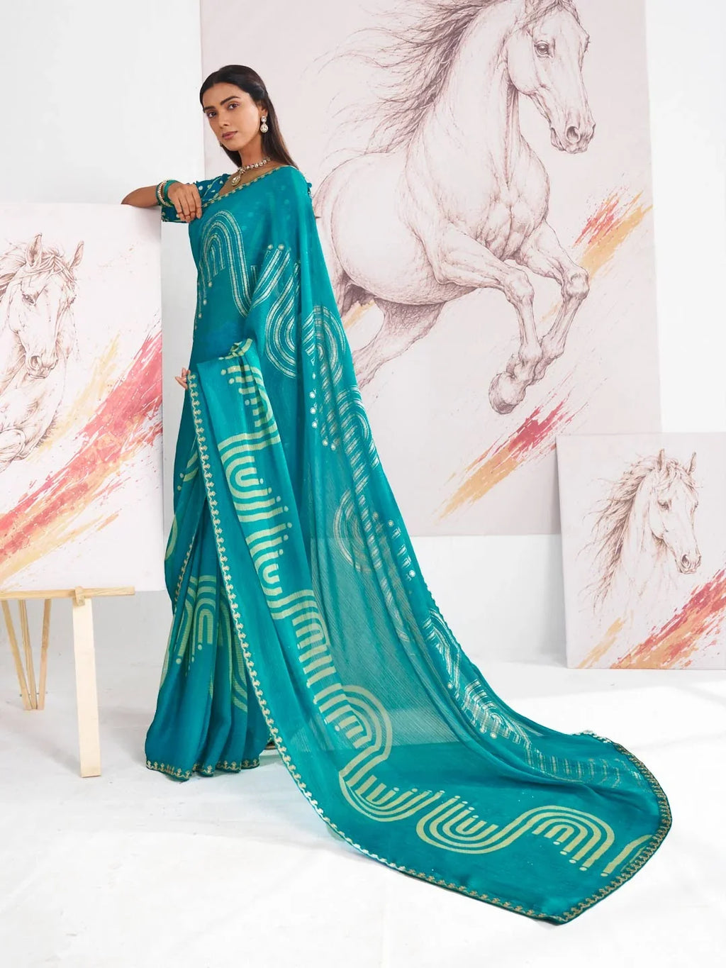 Laxmipati Murli Blue Chiffon Geometric Printed Saree