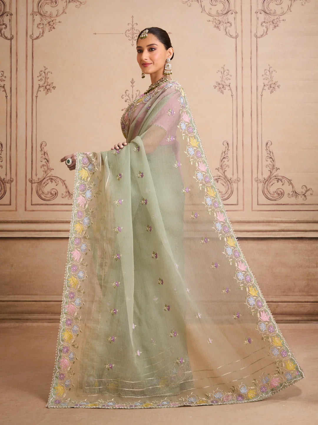 Laxmipati Mehfil Green Tissue Organza Embroidered Saree