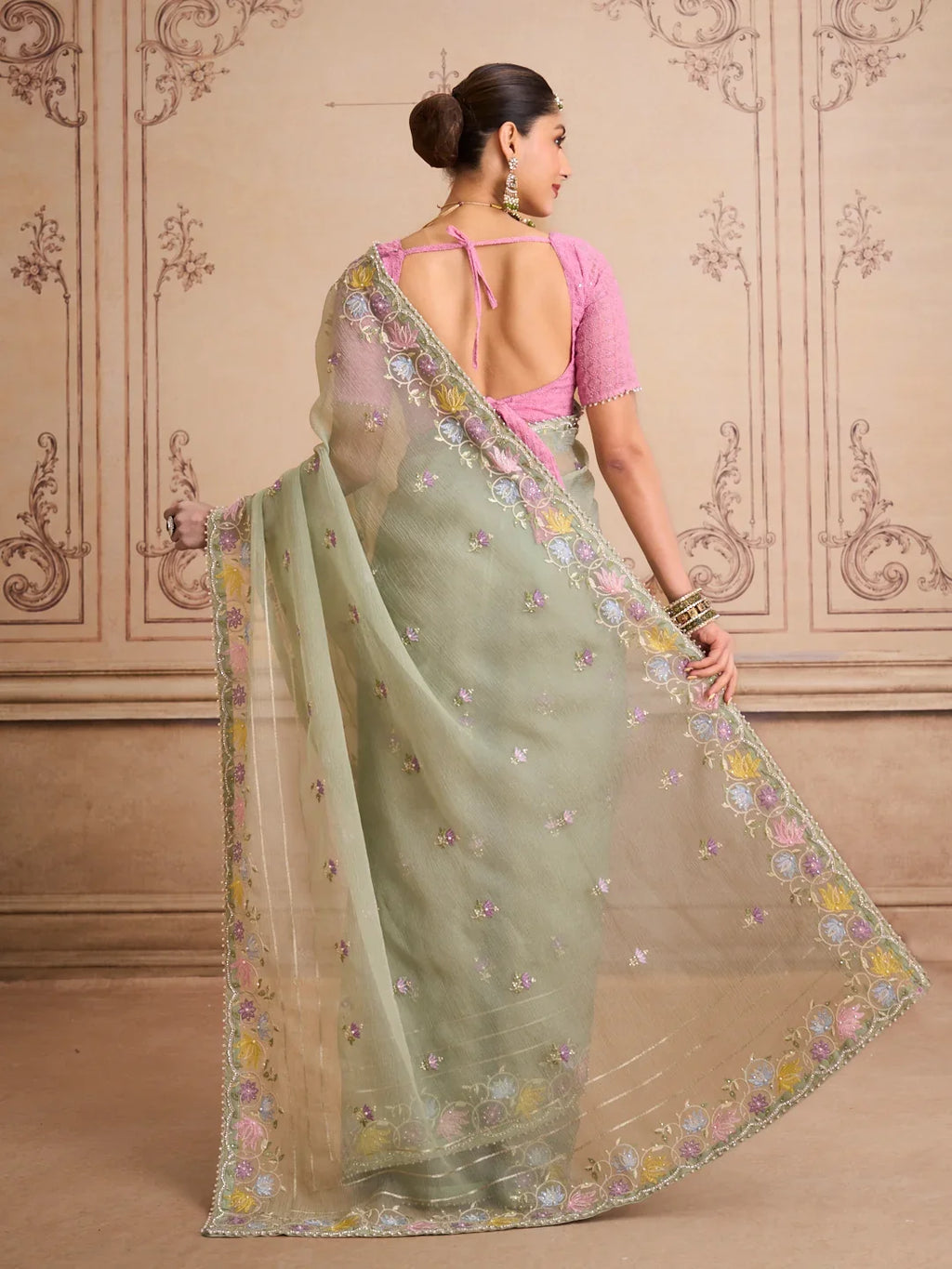 Laxmipati Mehfil Green Tissue Organza Embroidered Saree