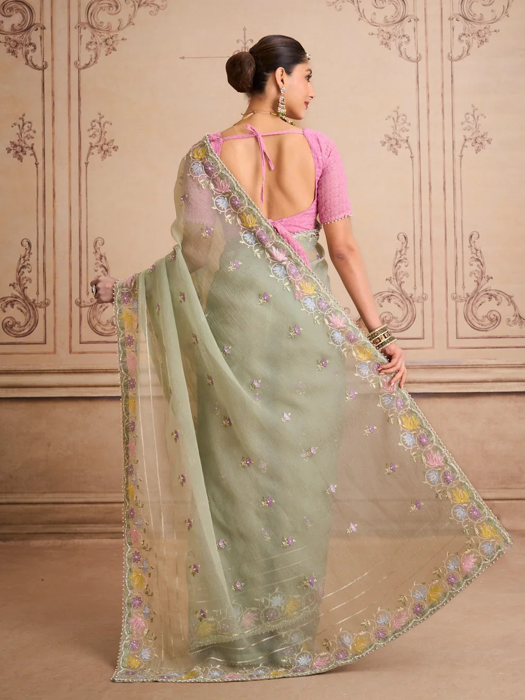 Laxmipati Mehfil Green Tissue Organza Embroidered Saree
