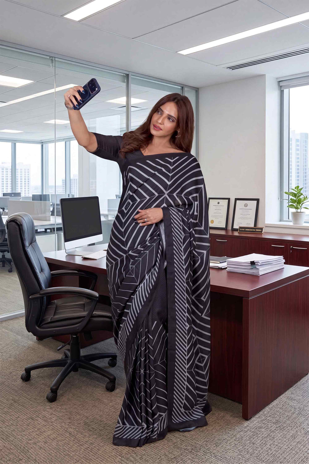 Laxmipati Power Pleats Black Linen Geometric Printed Saree