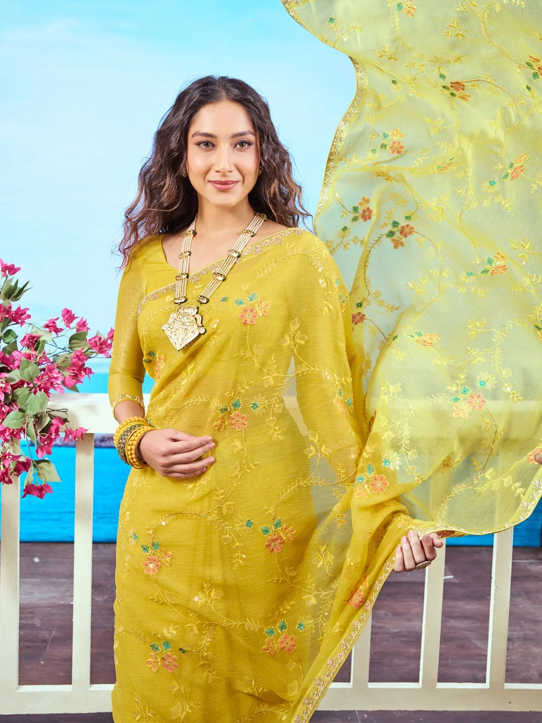 Laxmipati Navya Yellow Chiffon Embroidered Saree
