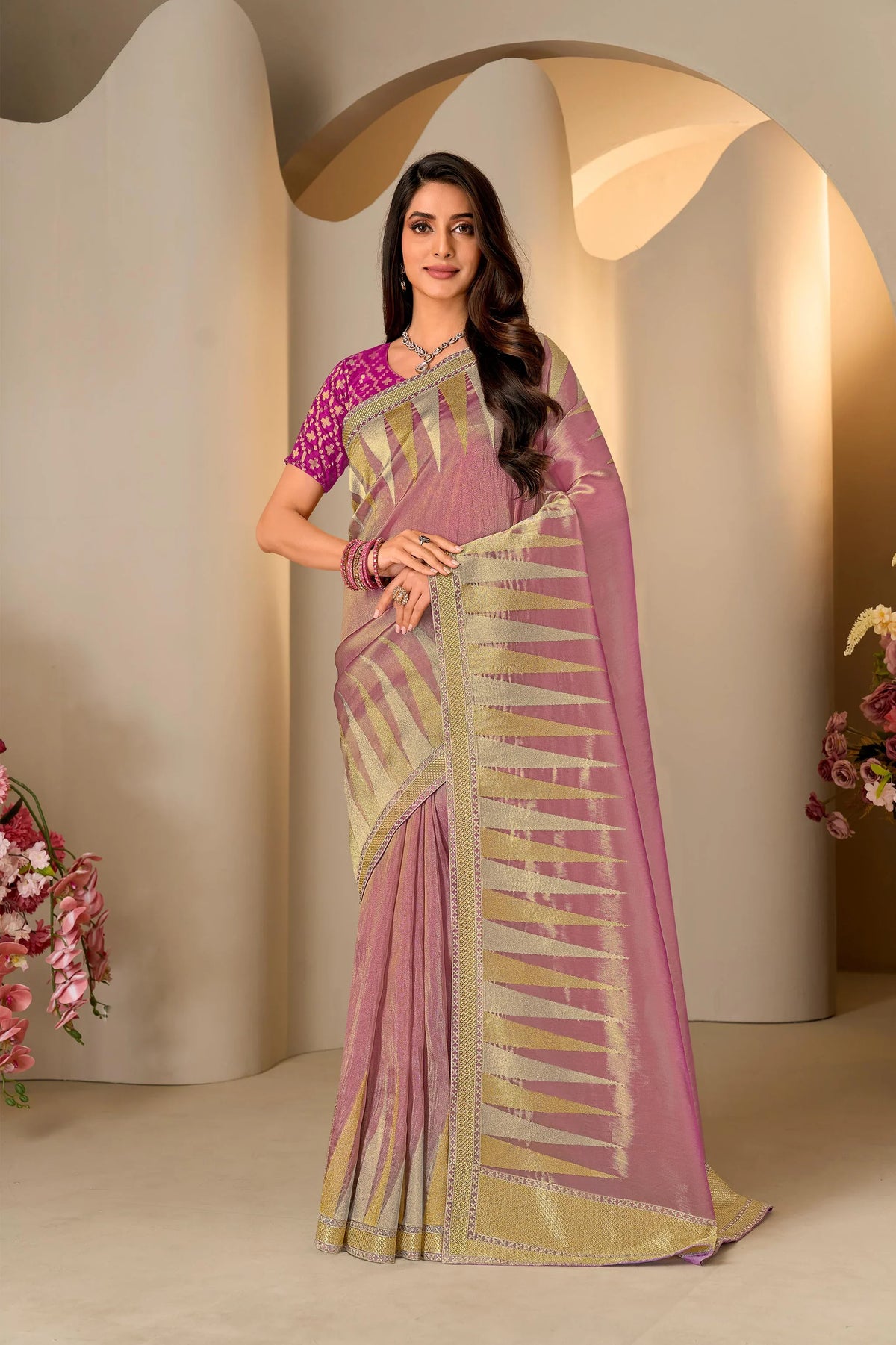 Laxmipati Jharokha Pink Silk Blend Embroidered Saree