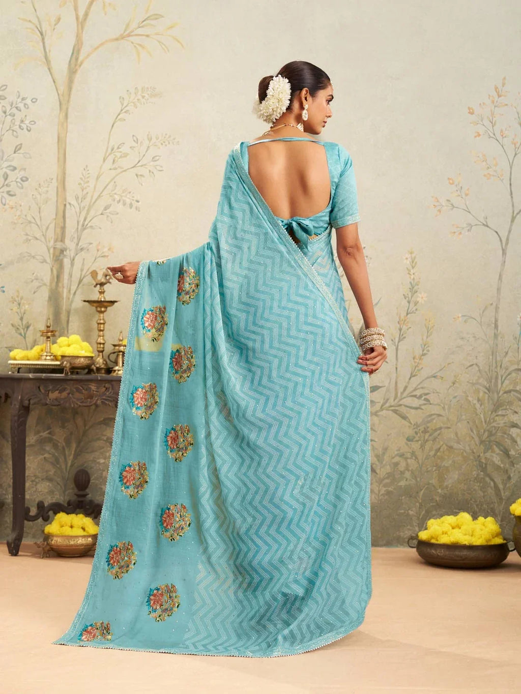 Laxmipati Deewangi Blue Chiffon Embroidered Saree