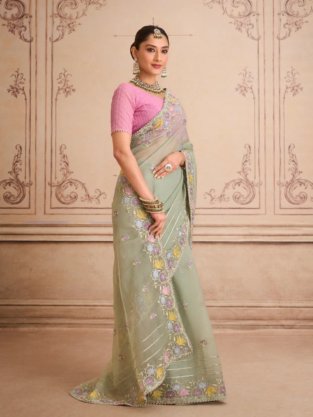 Laxmipati Mehfil Green Tissue Organza Embroidered Saree