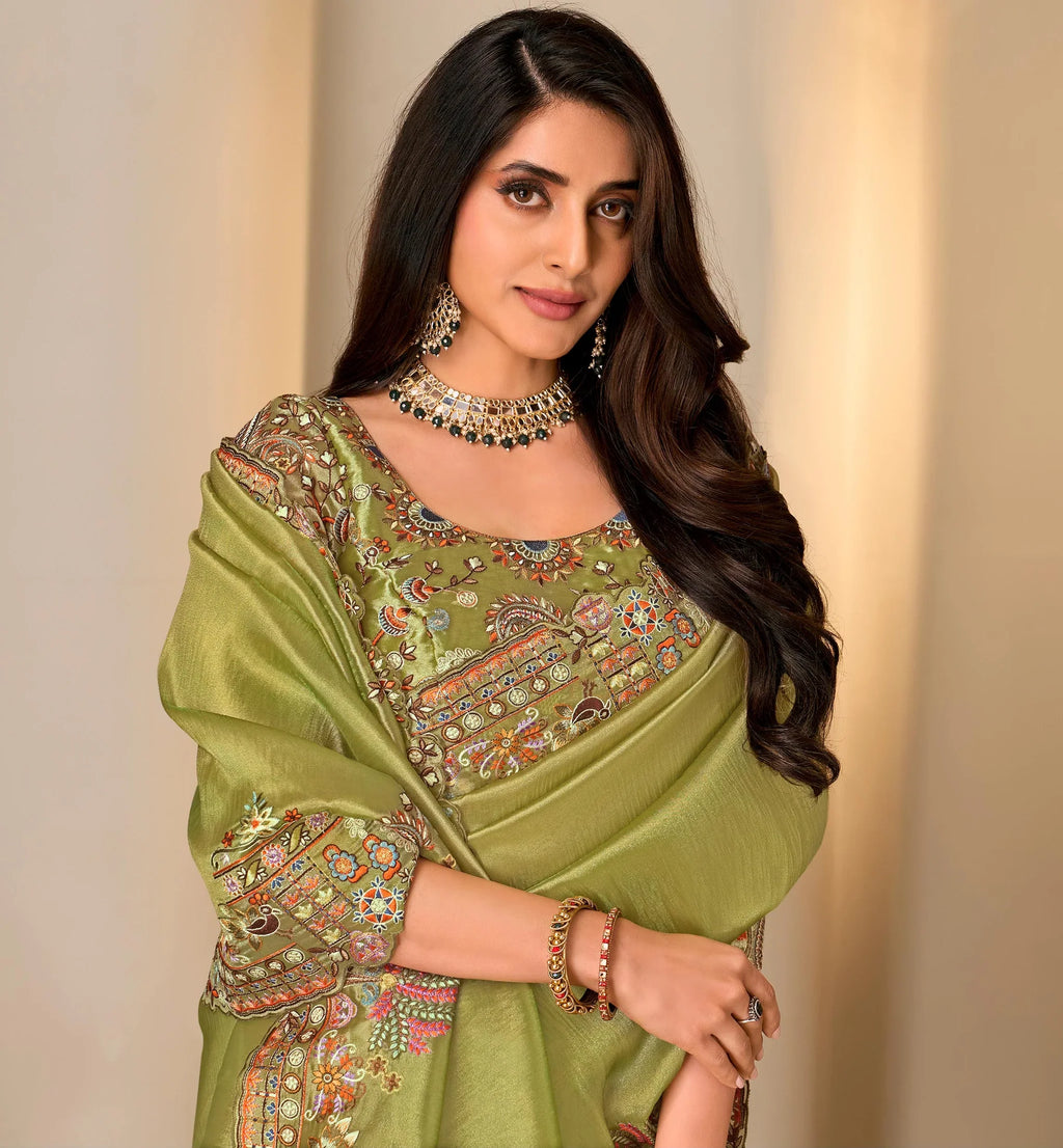 Laxmipati Jharokha Green Silk Blend Embroidered Saree