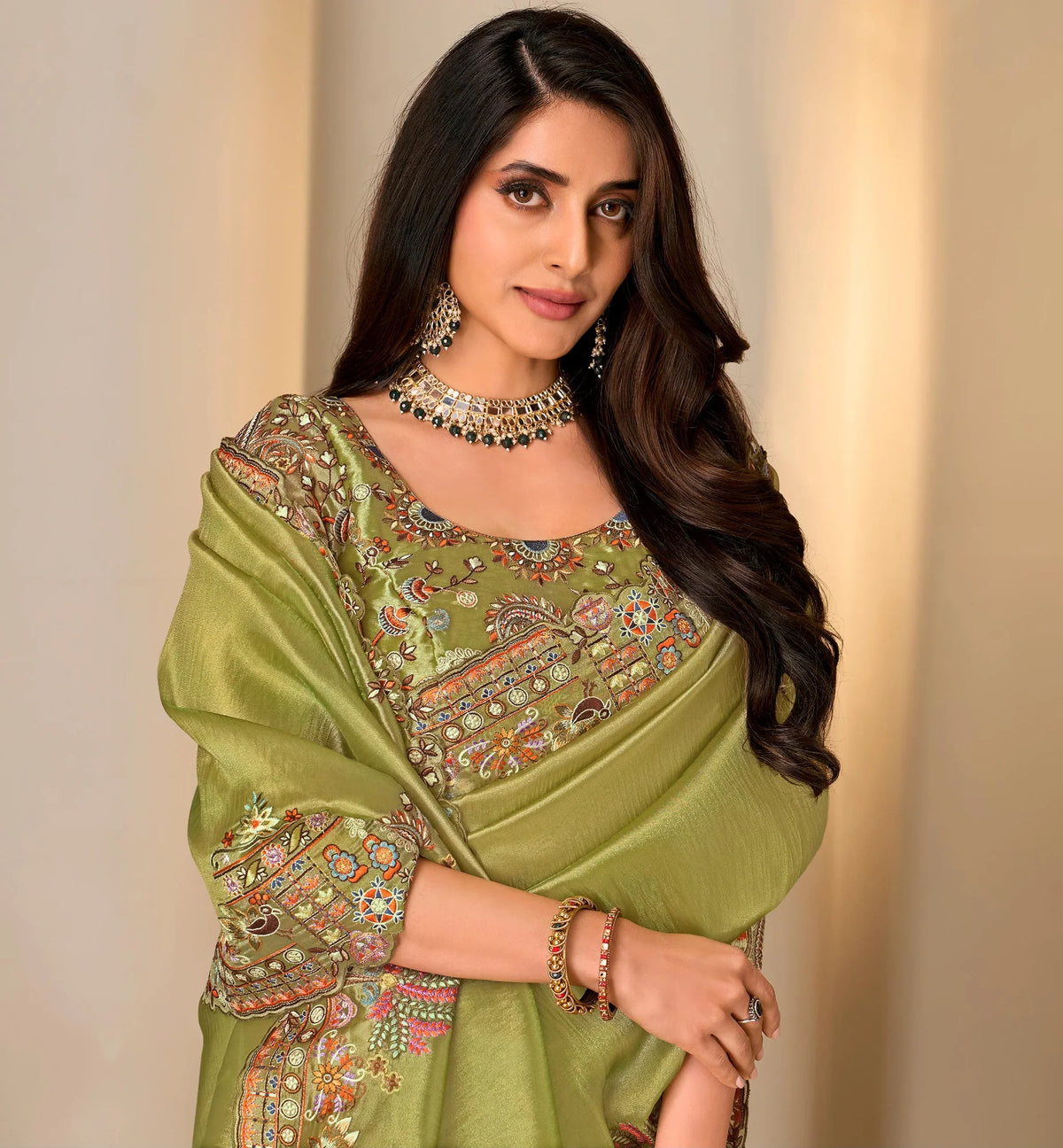 Laxmipati Jharokha Green Silk Blend Embroidered Saree