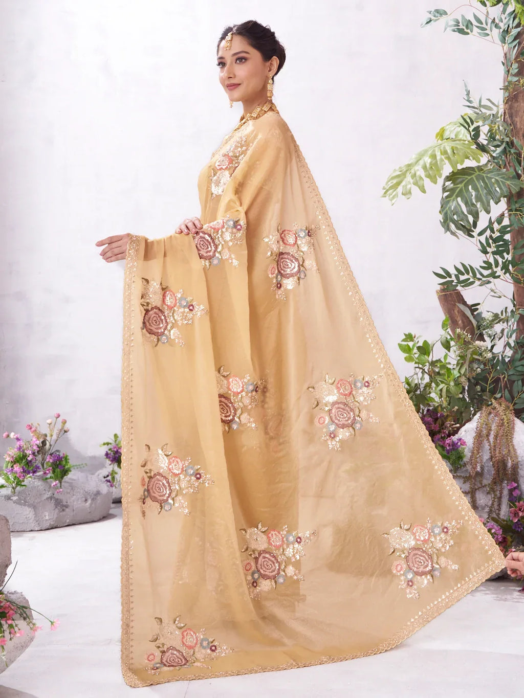 Laxmipati Malini Brown Silk Blend Embroidered Saree