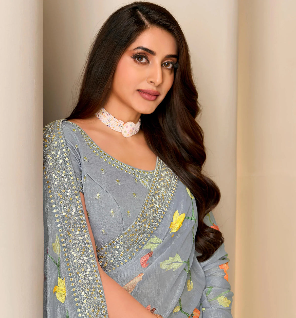 Laxmipati Jharokha Grey Silk Blend Embroidered Saree
