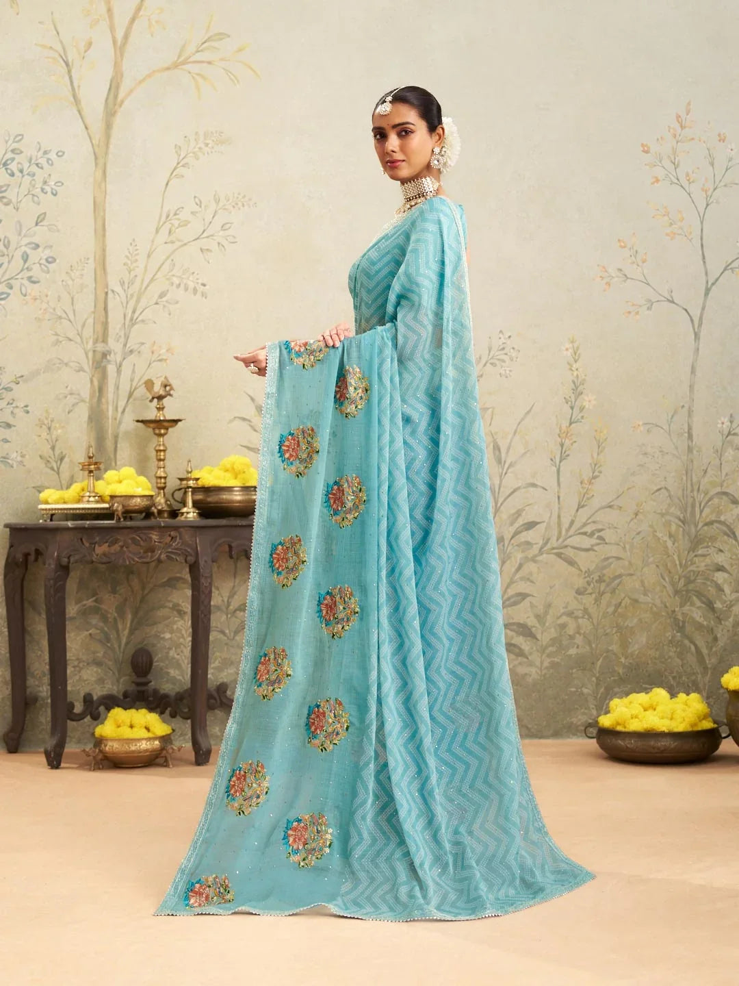 Laxmipati Deewangi Blue Chiffon Embroidered Saree
