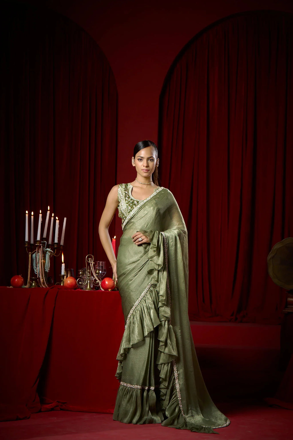 Laxmipati Ready to Wear (SS*) Greyish Green Embroidered Georgette Saree