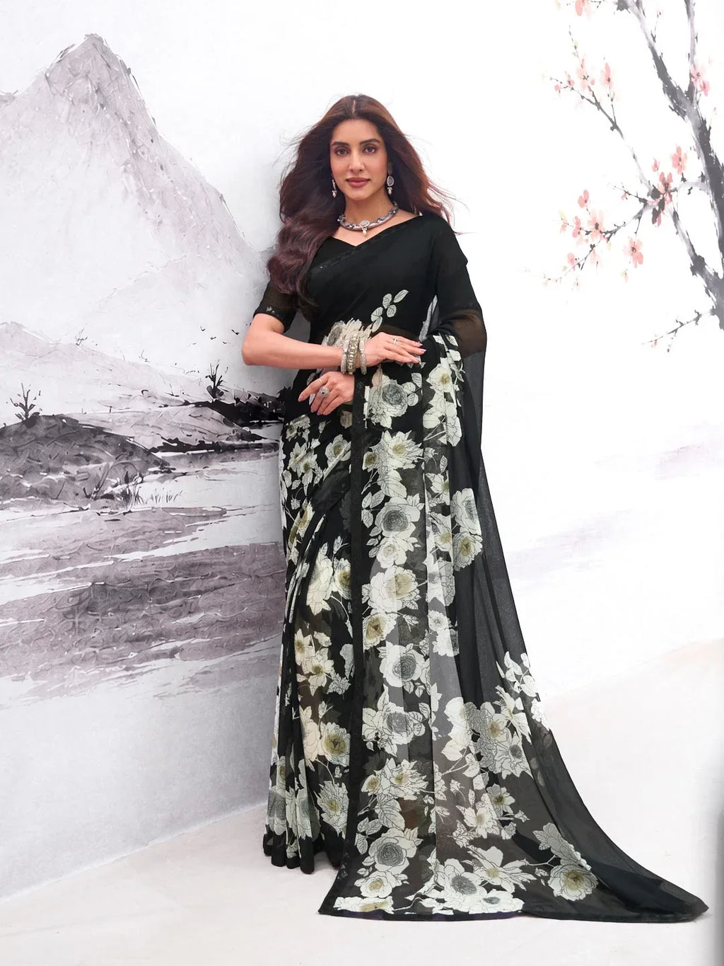 Laxmipati Hasinaa Black Georgette Floral Printed Saree