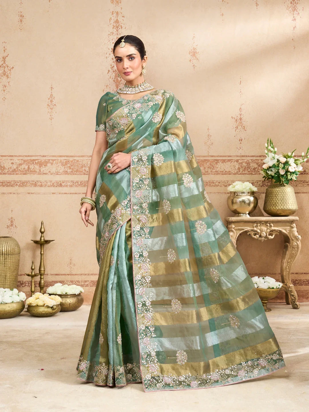 Laxmipati Kurkure Green Tissue Organza Embroidered Saree