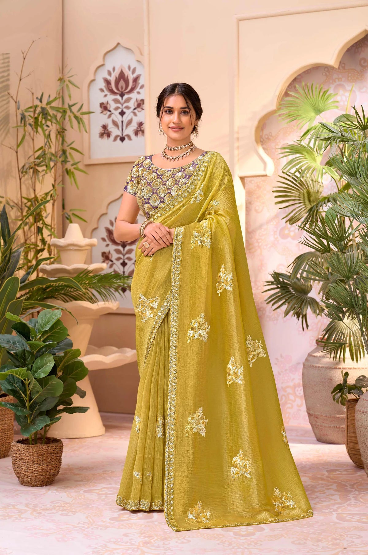 Laxmipati Aarzoo Yellow Chiffon Embroidered Saree