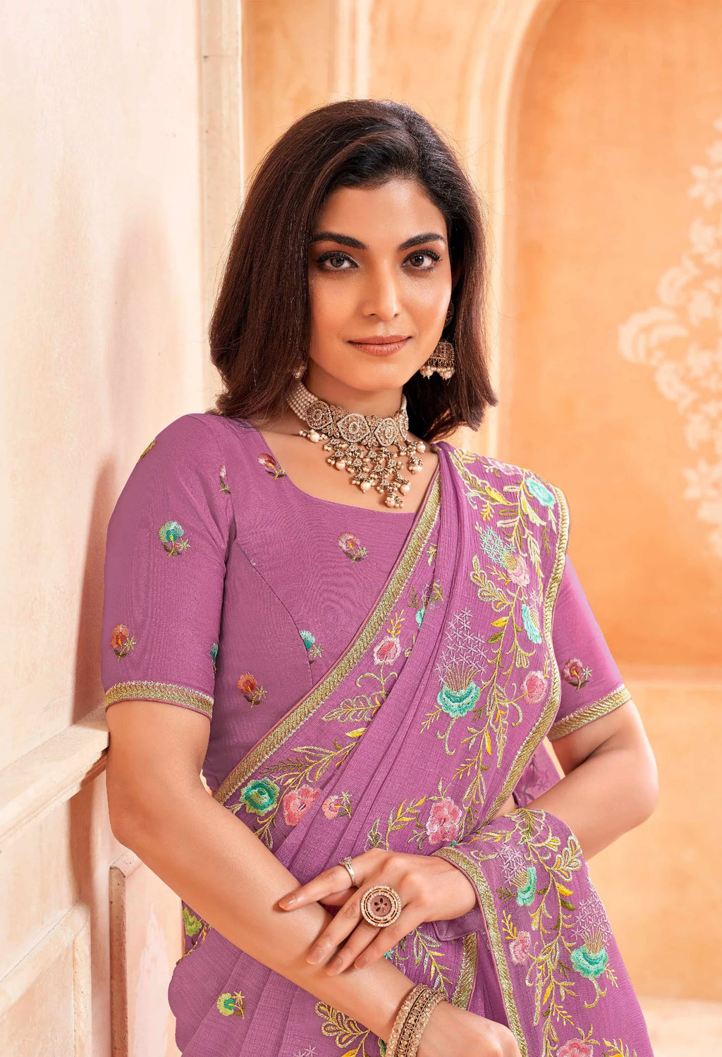 Laxmipati Aarzoo Purple Chiffon Embroidered Saree