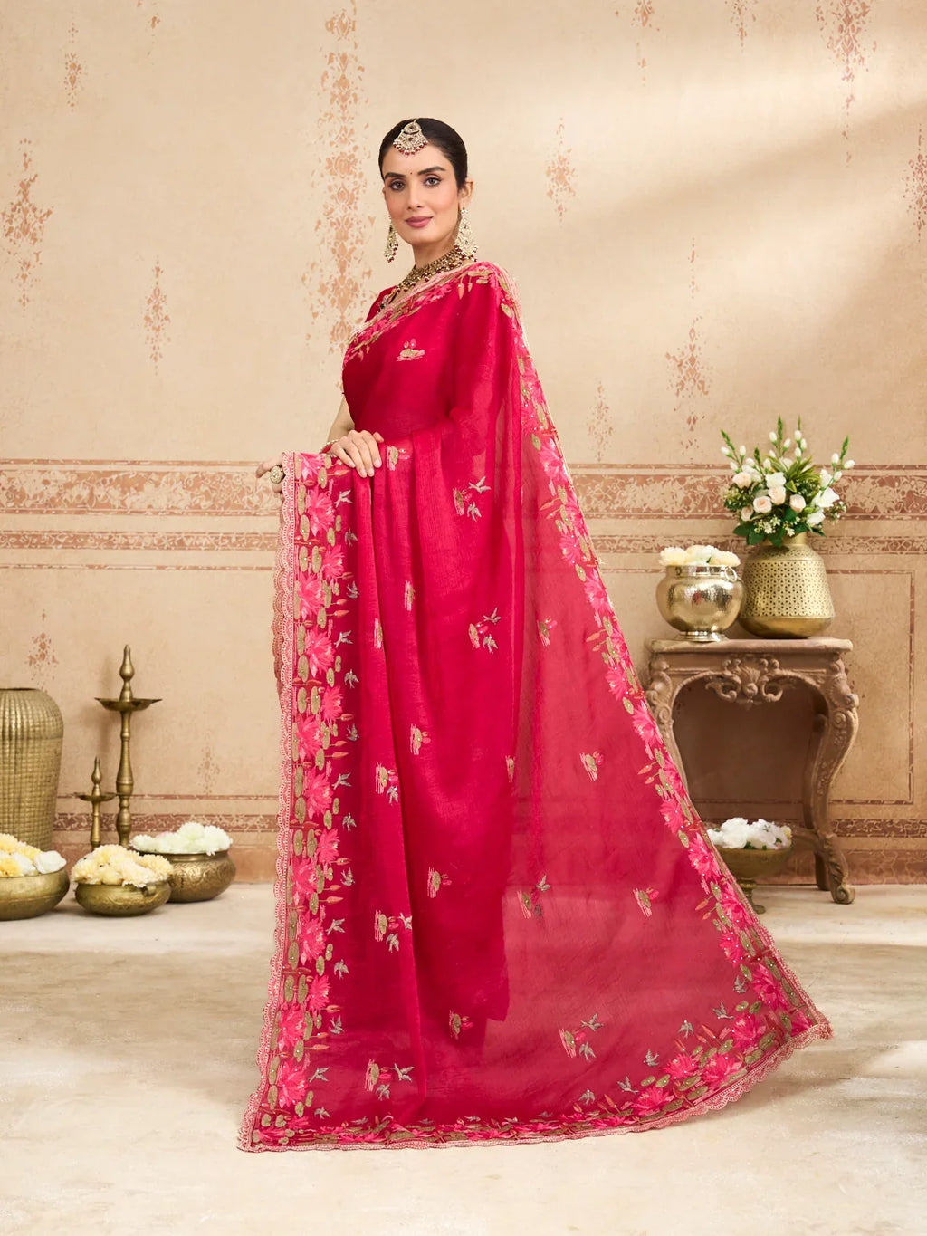 Laxmipati Kurkure Red Silk Blend Embroidered Saree