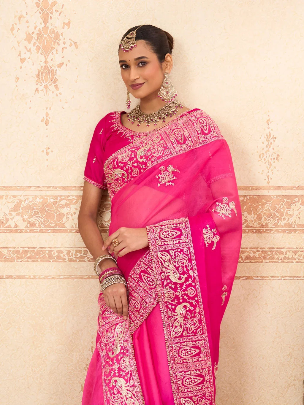 Laxmipati Kurkure Pink Tissue Organza Embroidered Saree