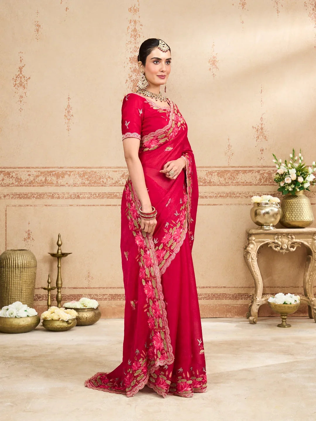 Laxmipati Kurkure Red Silk Blend Embroidered Saree