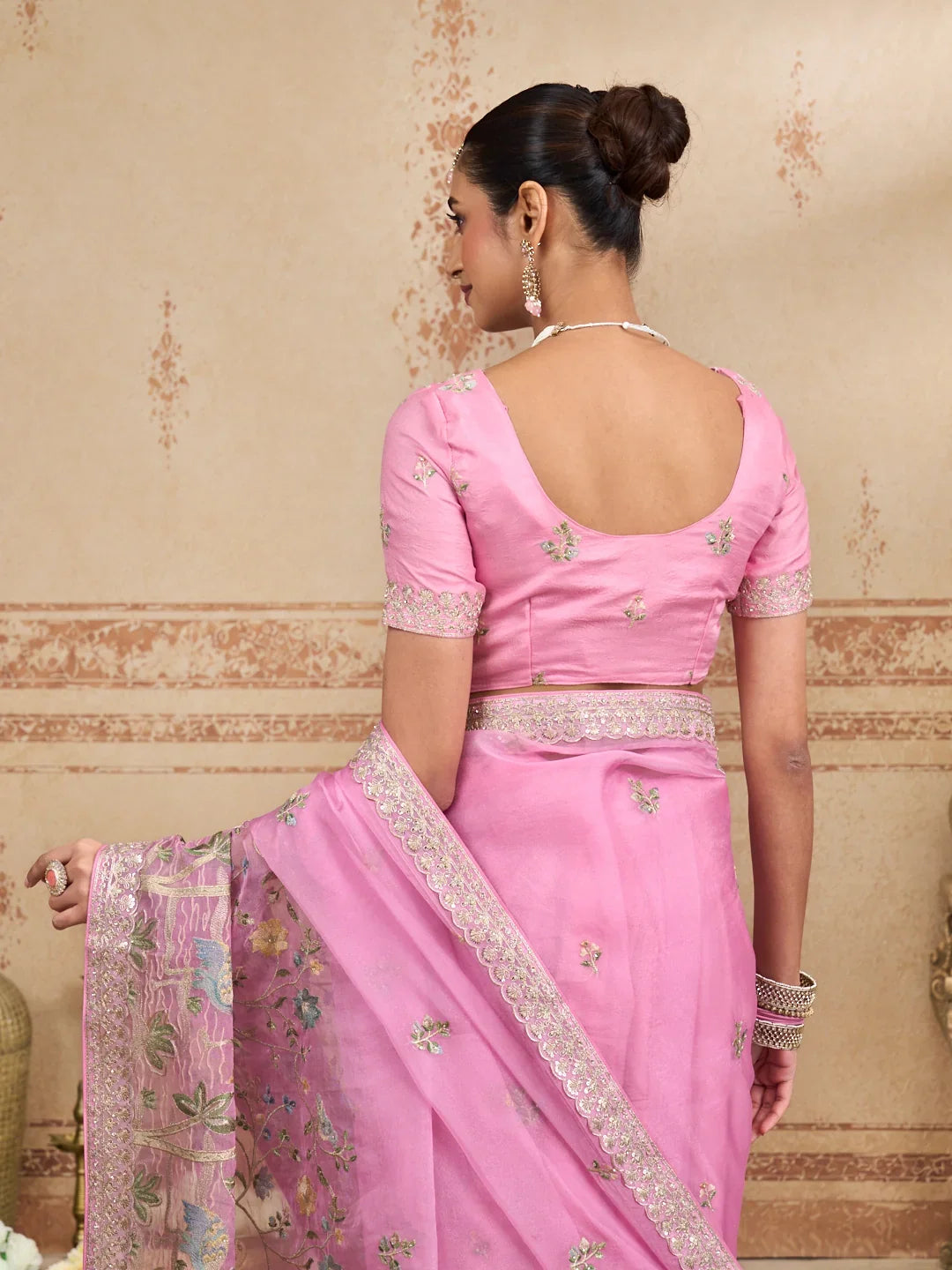 Laxmipati Kurkure Pink Chiffon Embroidered Saree