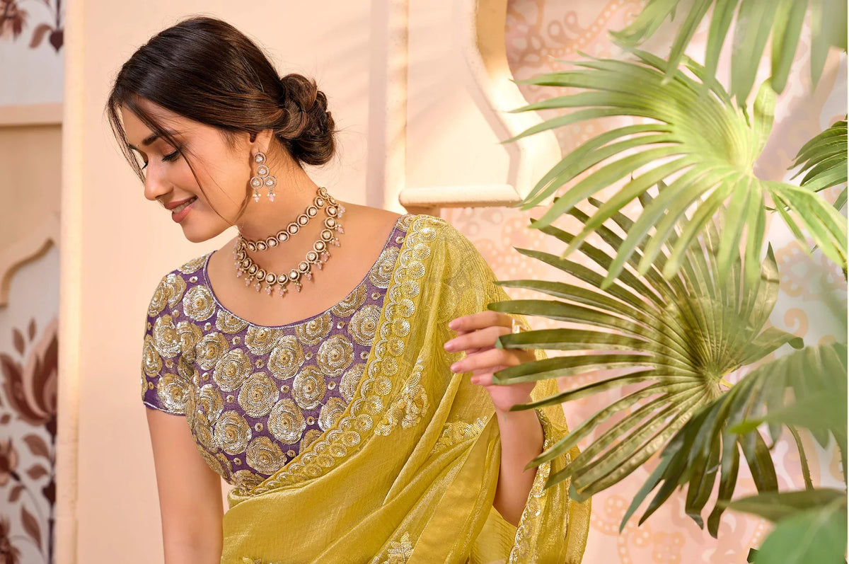 Laxmipati Aarzoo Yellow Chiffon Embroidered Saree