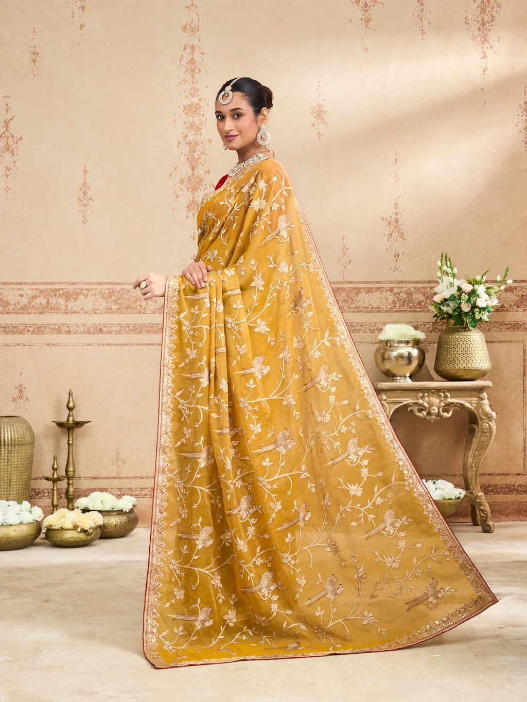 Laxmipati Kurkure Mustard Tissue Organza Embroidered Saree