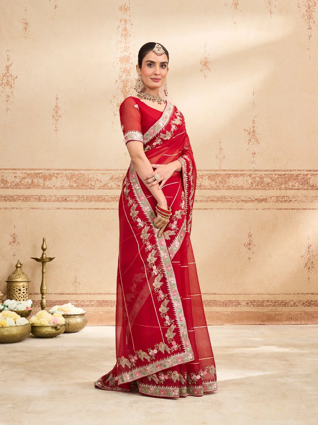 Laxmipati Kurkure Red Tissue Organza Embroidered Saree