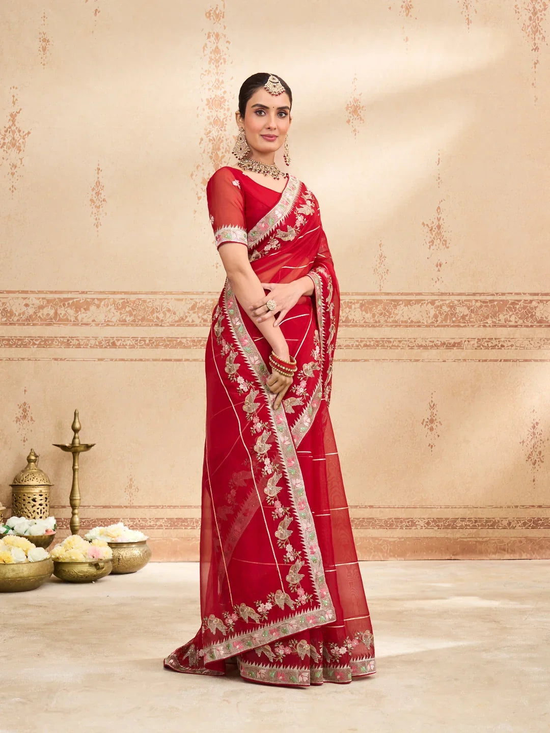 Laxmipati Kurkure Red Tissue Organza Embroidered Saree