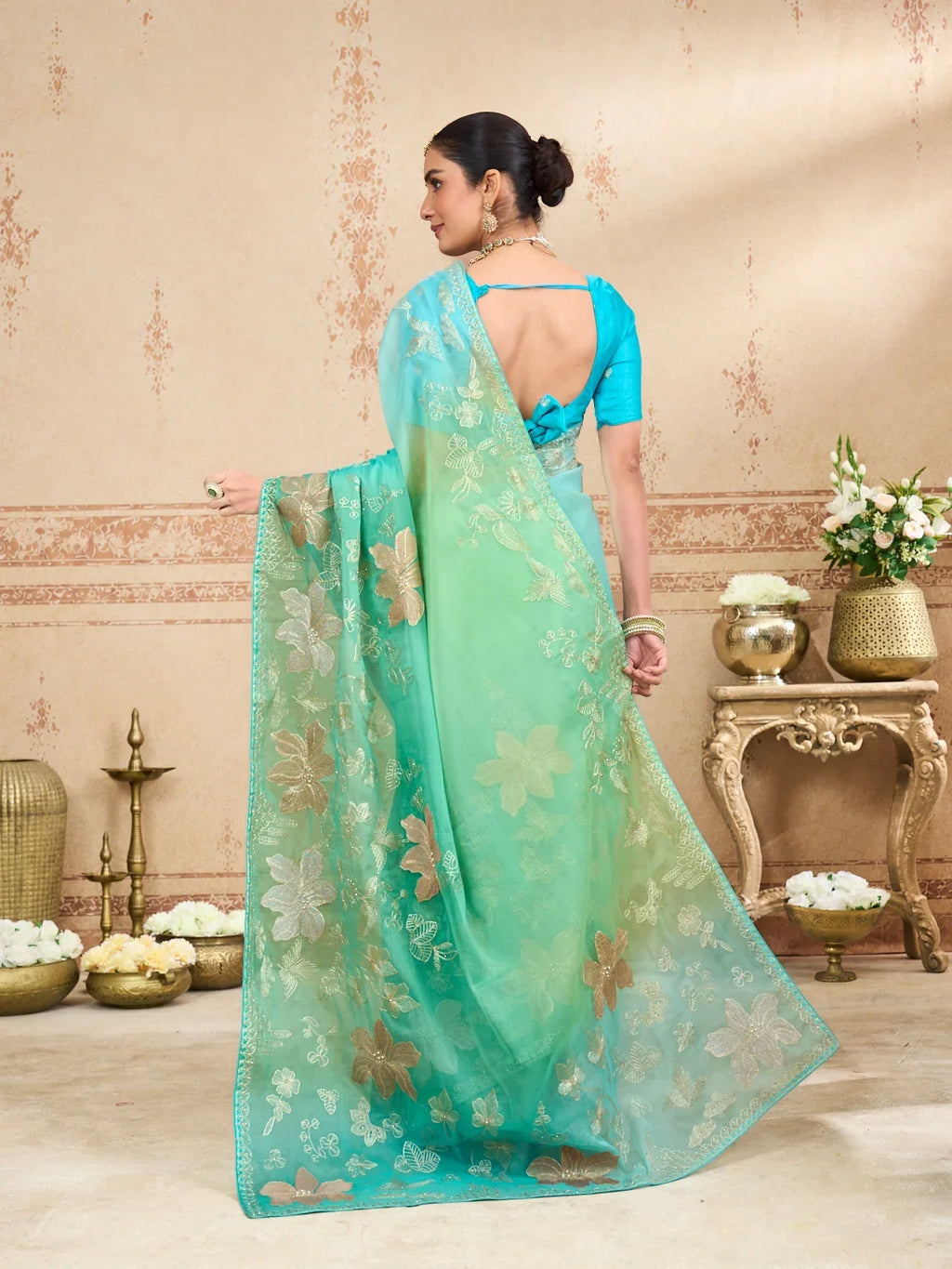 Laxmipati Kurkure Green Tissue Organza Embroidered Saree
