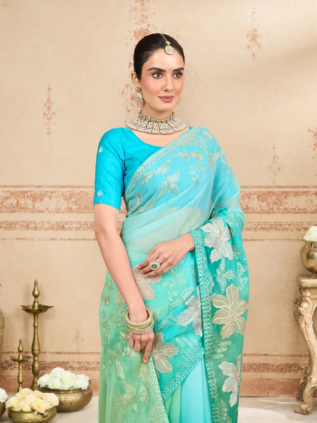 Laxmipati Kurkure Green Tissue Organza Embroidered Saree