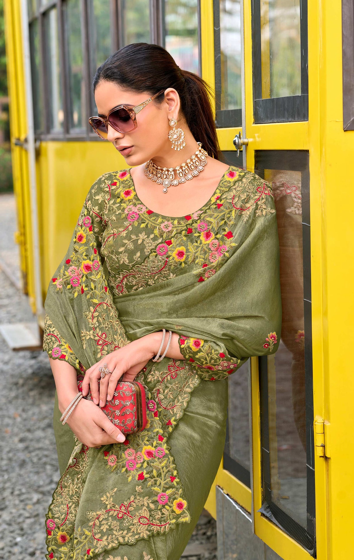 Laxmipati Aarzoo Green Chiffon Embroidered Saree