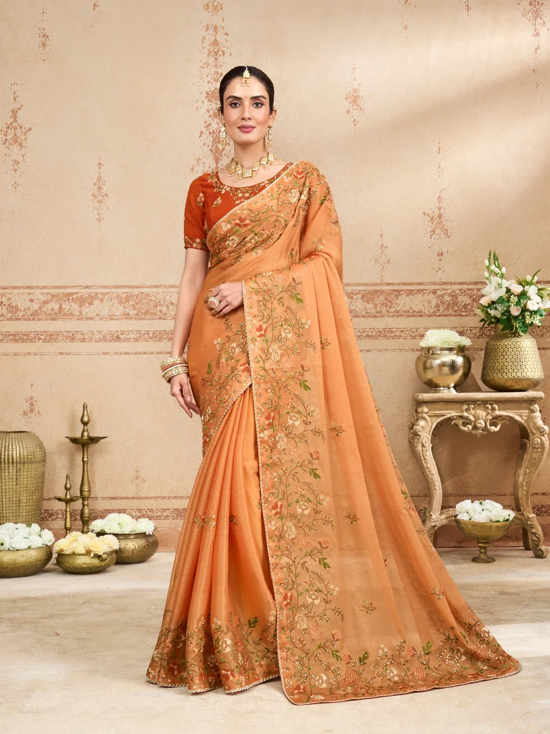 Laxmipati Kurkure Orange Silk Blend Embroidered Saree